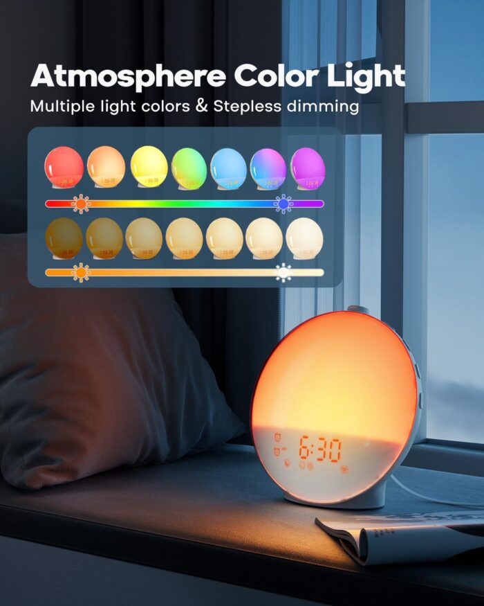 Sunrise Alarm Clock for Heavy Sleepers, Wake Up Light with Sunrise/Sunset Simulation, Dual Alarms & Natural Sounds, Snooze & Sleep Aid, FM Radio, 7 Colors Night Light for Bedroom, Ideal for Gift - Image 5