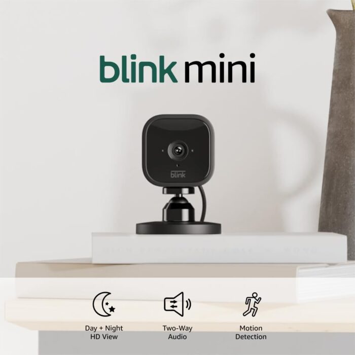 Blink Mini - Compact indoor plug-in smart security camera, 1080p HD video, night vision, motion detection, two-way audio, easy set up, Works with Alexa – 1 camera (Black)