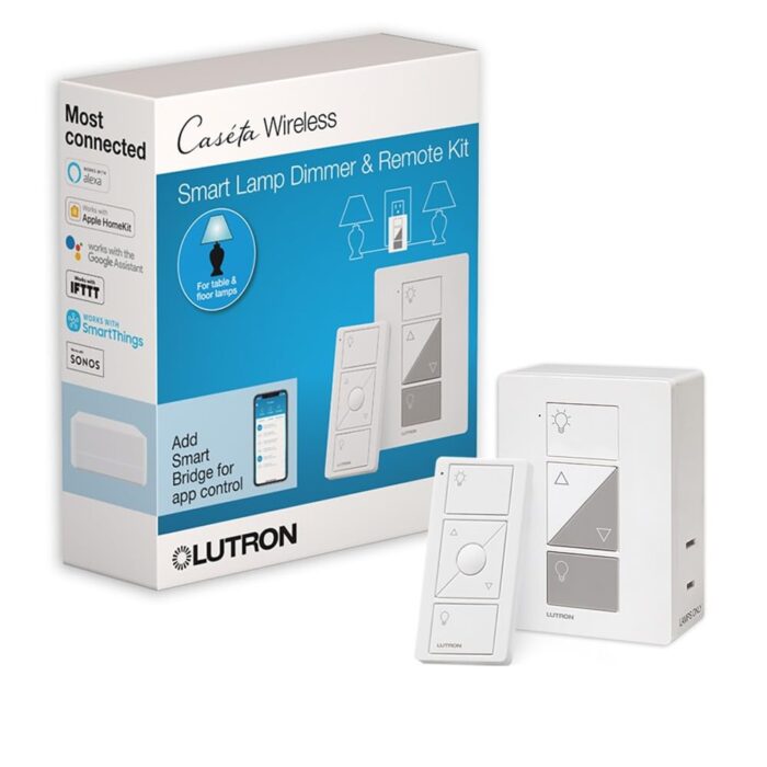 Lutron Caseta Smart Lighting Kit w/ Lamp Dimmer and Pico Remote, for 2 Floor and Table Lamps, Works w/ Alexa, Apple Homekit, Google Home (Hub Required), 100W Single-Pole/3-Way, P-PKG1P-WH