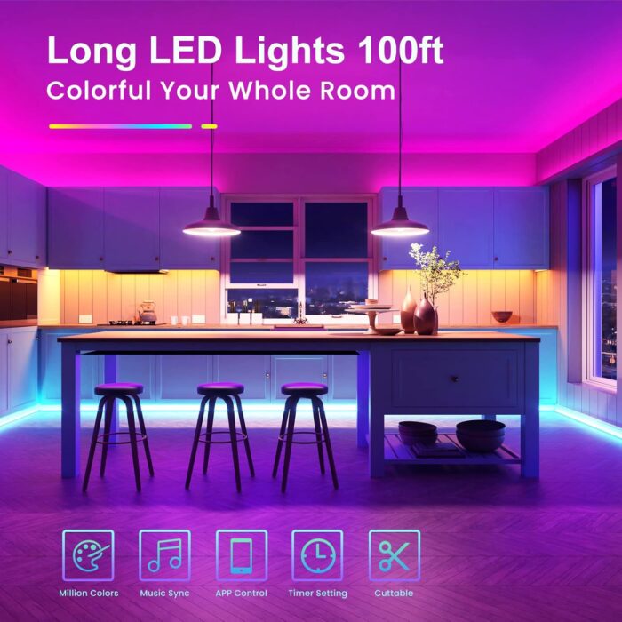 TJOY 100ft Bluetooth LED Strip Lights, Music Sync LED Lights Strip, RGB Color Changing LED Lights with Remote,Smart Phone APP Control, LED Lights for Bedroom,TV,Room DIY (APP+Remote +Mic) - Image 3