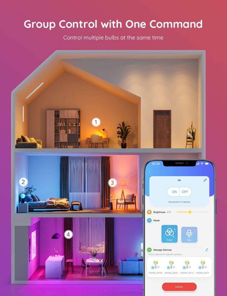 Govee Smart Light Bulbs, Color Changing Light Bulb, Work with Alexa and Google Assistant, 16 Million Colors RGBWW, WiFi & Bluetooth LED Light Bulbs, Music Sync, A19, 800 Lumens, 4 Pack - Image 6