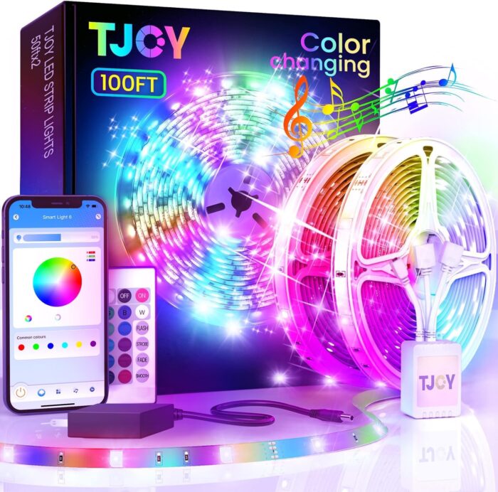 TJOY 100ft Bluetooth LED Strip Lights, Music Sync LED Lights Strip, RGB Color Changing LED Lights with Remote,Smart Phone APP Control, LED Lights for Bedroom,TV,Room DIY (APP+Remote +Mic)