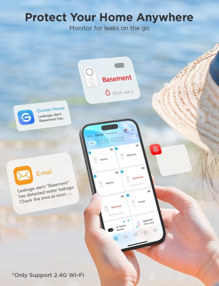 Govee WiFi Water Sensor 3 Pack, Smart Water Leak Detector, 100dB Adjustable Alarm Suit for Home and Basement, Water Leak Alert with Email & APP Push - Image 2