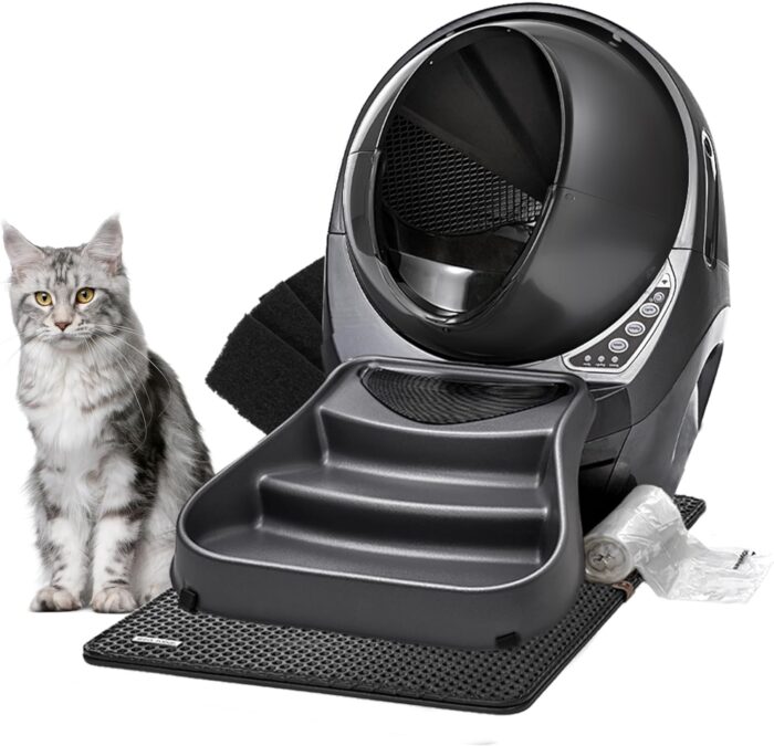 Litter-Robot 3 Connect Core Bundle by Whisker, Grey - Includes Automatic, Self-Cleaning Litter Box, LitterTrap Mat, Fence, Ramp, 25 Liners, 3 Carbon Filters & WhiskerCare 1-Year Warranty