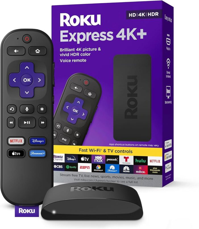 Roku Express 4K+ | Roku Streaming Device 4K/HDR, Roku Voice Remote, Free & Live TV