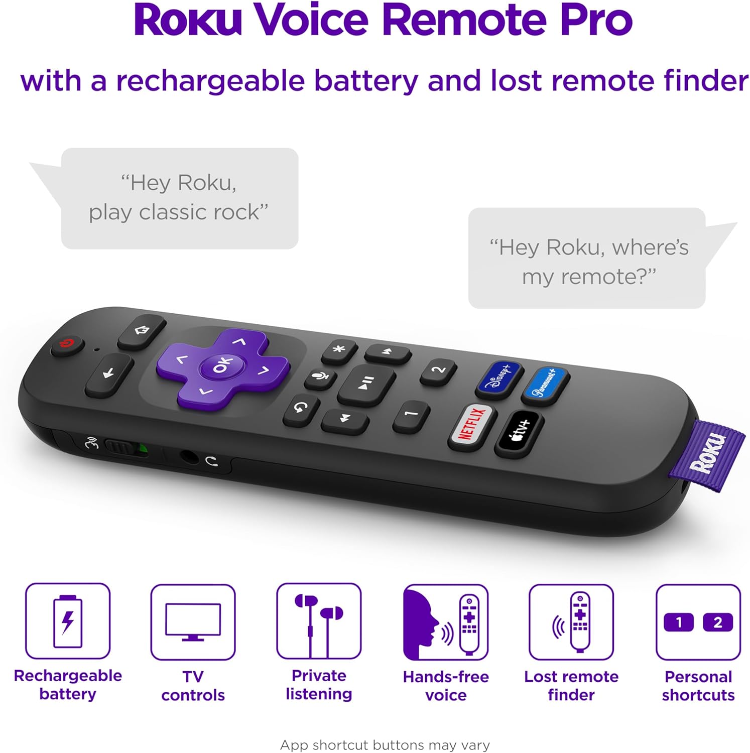 Roku Voice Remote Pro | Rechargeable TV Remote Control with Hands-free Voice Controls, Headphone Mode & Lost Remote Finder - Replacement Remote Compatible with Roku TV, Roku Players, & Roku Audio - Image 2