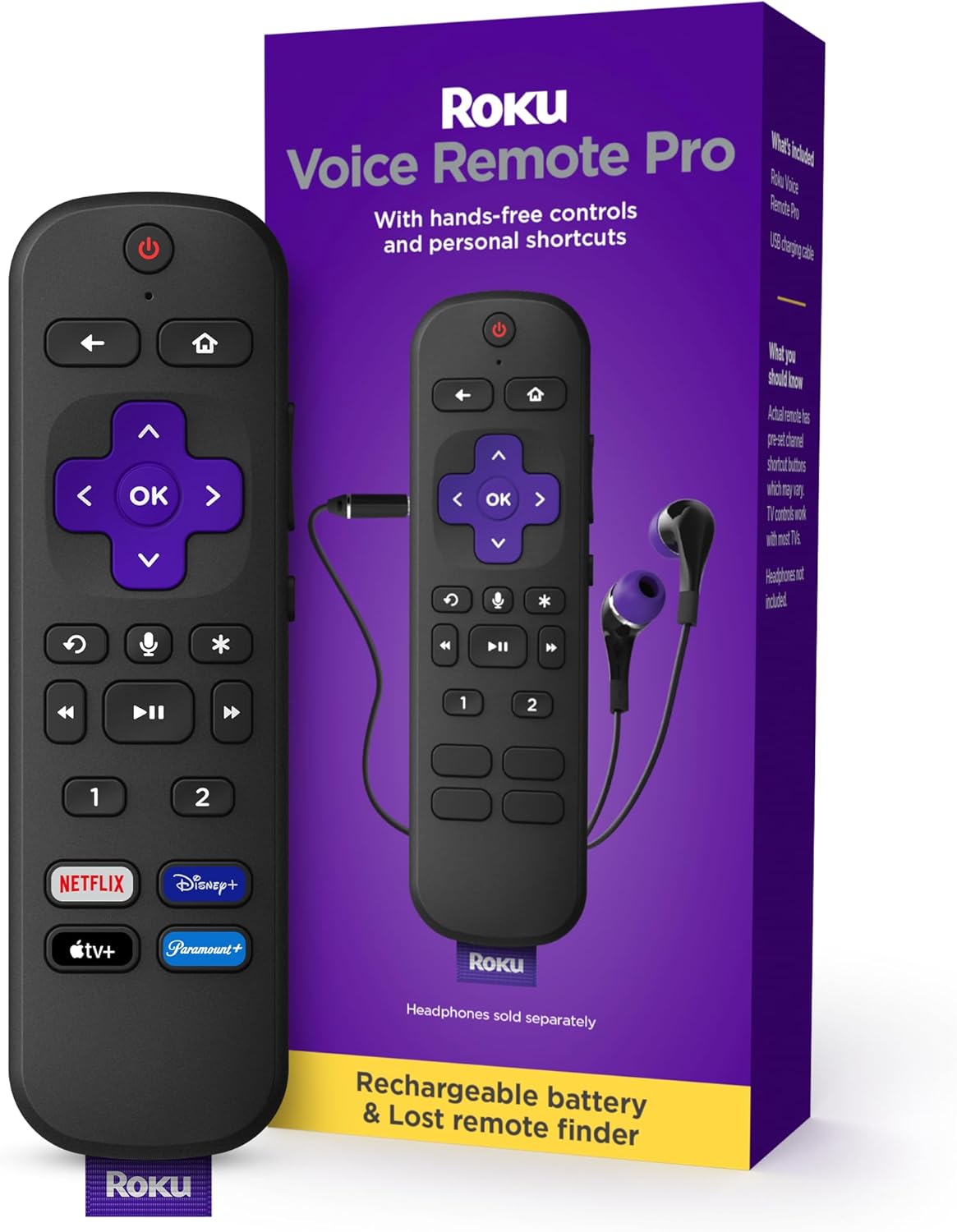 Roku Voice Remote Pro | Rechargeable TV Remote Control with Hands-free Voice Controls, Headphone Mode & Lost Remote Finder - Replacement Remote Compatible with Roku TV, Roku Players, & Roku Audio