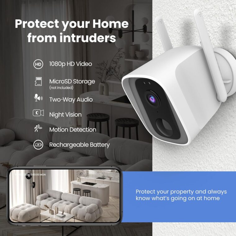 Feit Electric Smart Security Camera, 2.4GHz WiFi Smart Home Camera with Motion Detection, Night Vision, 2-Way Audio, 1080p HD Battery Powered, White, CAM/WM/WiFi/BAT - Image 2