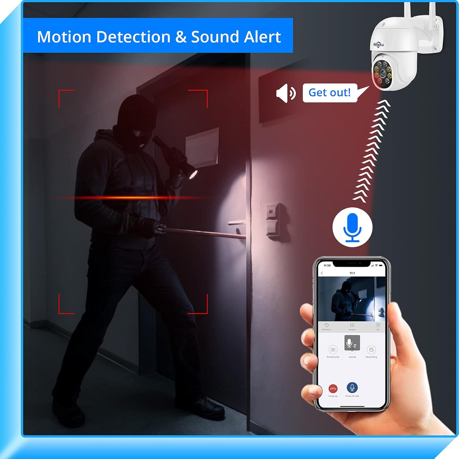 Hiseeu 2K 3MP PTZ Security Camera Outdoor,WiFi Camera, Auto Tracking&Light Alarm Floodlight & Color Night Vision,Two-Way Audio, Plug-in Cable,Compatible Wireless Camera System - Image 5