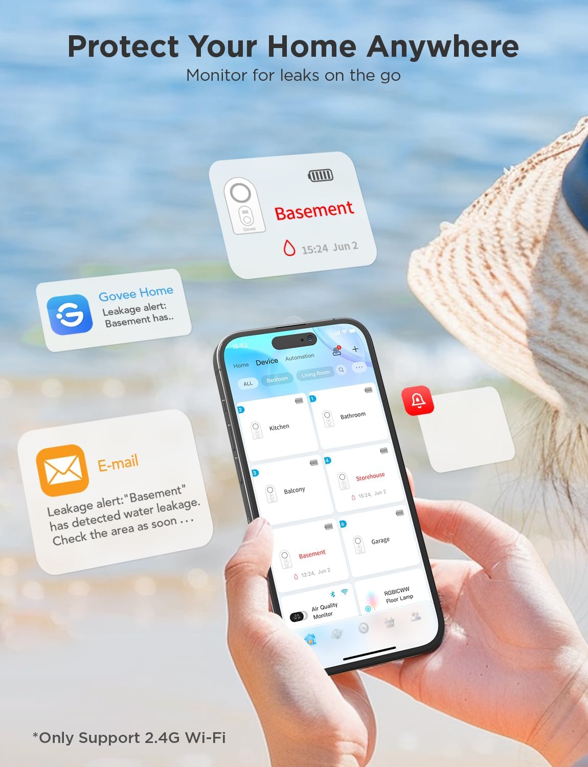 Govee WiFi Water Sensor 1 Pack, Smart Water Leak Detector, 100dB Adjustable Alarm Suit for Home and Basement, Water Leak Alert with Email & APP Push (Only Support 2.4G Wi-Fi) - Image 2