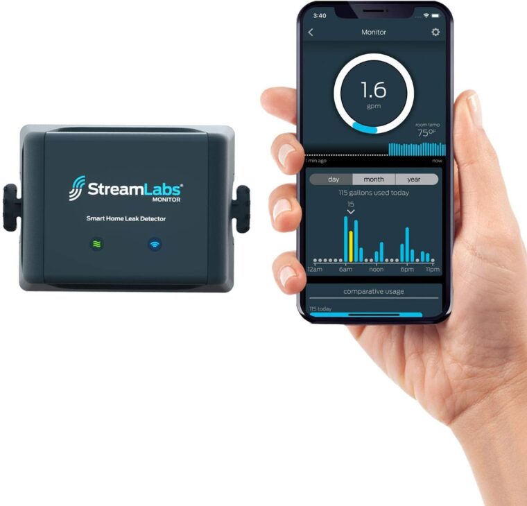 Smart Home Water Monitor Leak Detector with Wi-Fi – No Pipe Cutting, 5-Minute Install, Real-Time Phone Alerts – Fits 3/4" or 1" Pipes. Compatible with Alexa and Google Assistant