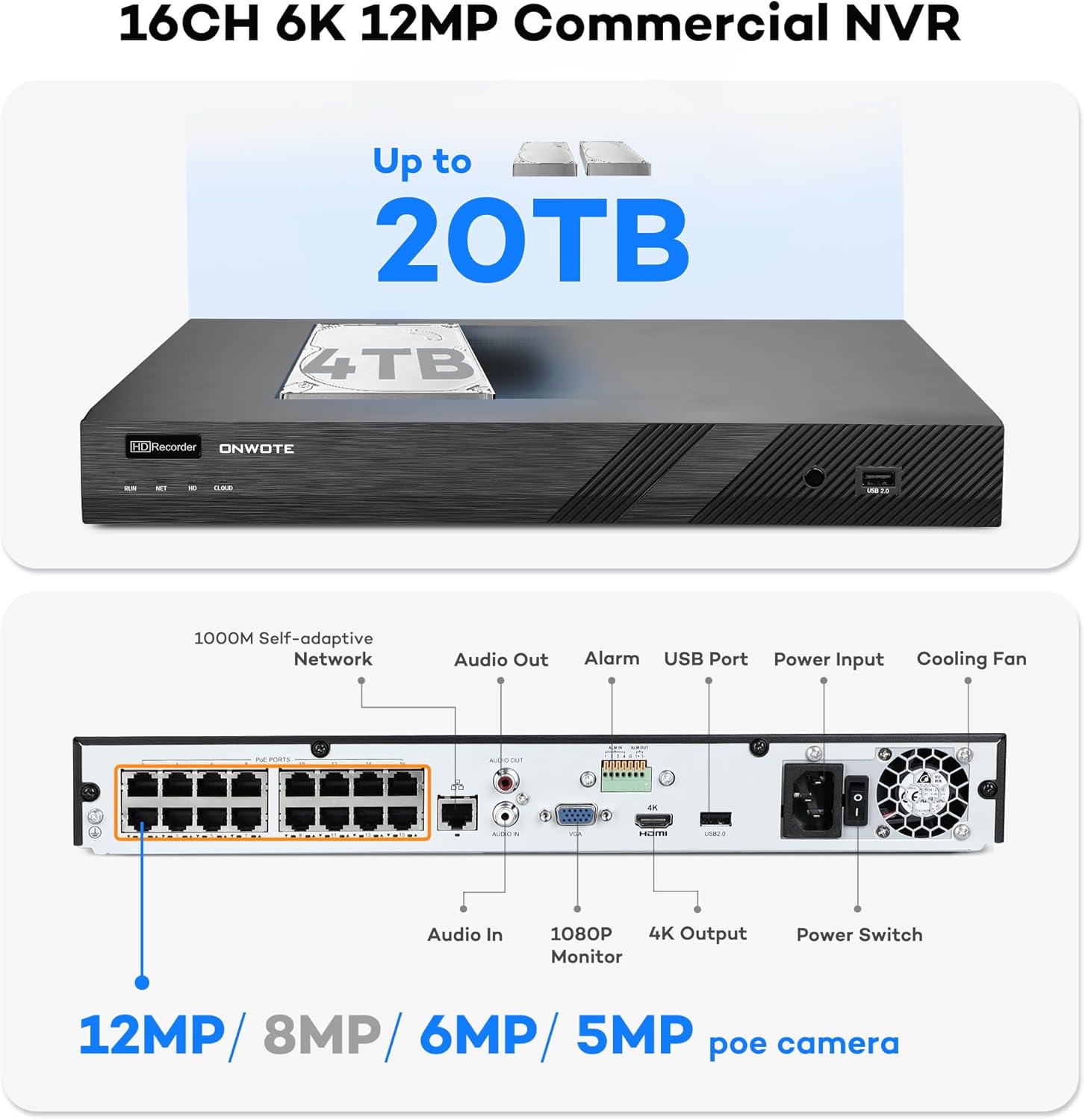 ONWOTE 16 Channel 4K PoE Security Camera System, 12MP 16CH Commercial NVR 4TB, 16x 8MP 134° Outdoor IP Cameras with Audio, AI Detect Human Vehicle, 16x Cables (Total 1280ft), Wired CCTV for Business - Image 3