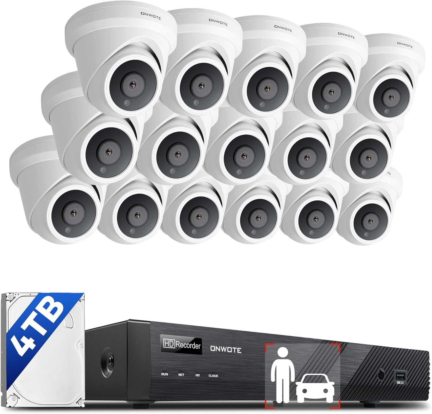ONWOTE 16 Channel 4K PoE Security Camera System, 12MP 16CH Commercial NVR 4TB, 16x 8MP 134° Outdoor IP Cameras with Audio, AI Detect Human Vehicle, 16x Cables (Total 1280ft), Wired CCTV for Business