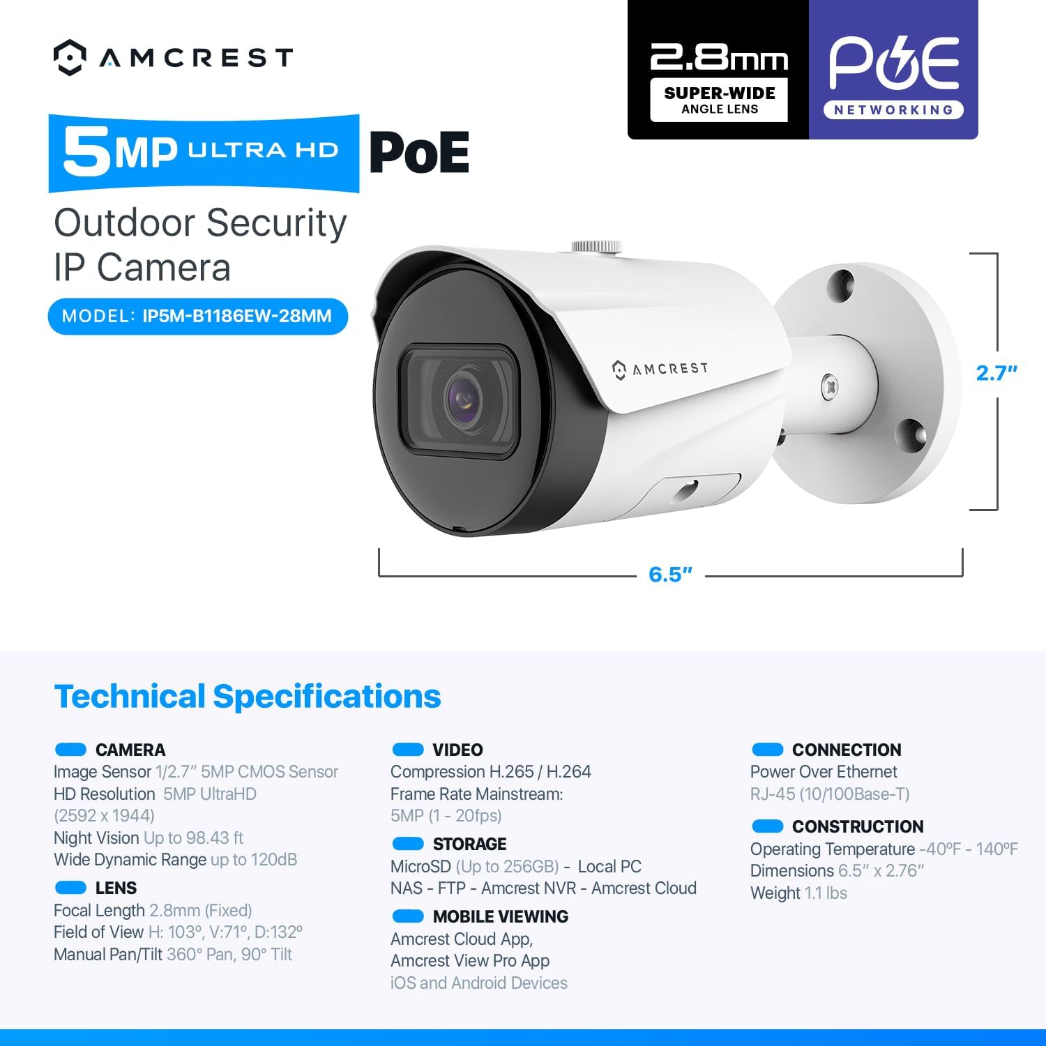 Amcrest UltraHD 5MP Outdoor POE Camera 2592 x 1944p Bullet IP Security Camera, Outdoor IP67 Waterproof, 103° Viewing Angle, 2.8mm Lens, 98.4ft Night Vision, 5-Megapixel, IP5M-B1186EW-28MM (White) - Image 7