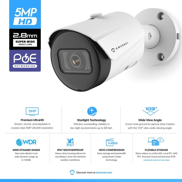 Amcrest UltraHD 5MP Outdoor POE Camera 2592 x 1944p Bullet IP Security Camera, Outdoor IP67 Waterproof, 103° Viewing Angle, 2.8mm Lens, 98.4ft Night Vision, 5-Megapixel, IP5M-B1186EW-28MM (White) - Image 2