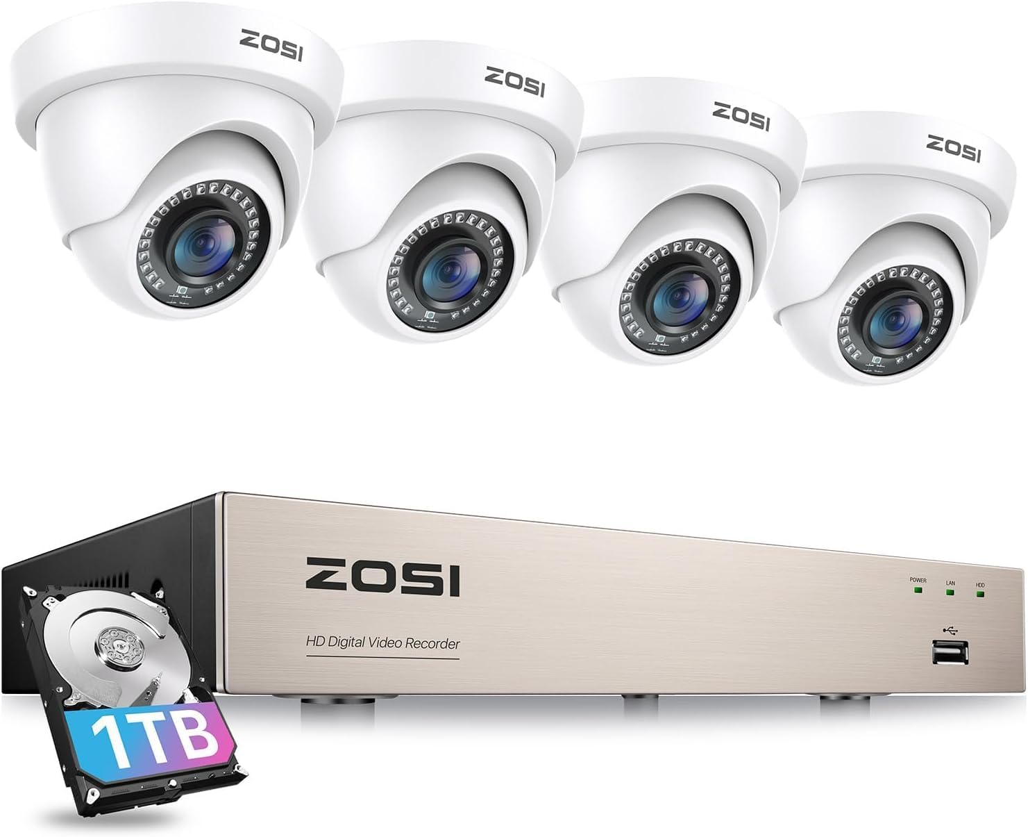 ZOSI 3K Lite Security Camera System with 1TB Hard Drive,AI Human/Vehicle Detection,Night Vision,H.265+ 8Channel HD TVI DVR Recorder,4pcs 1080P HD 1920TVL Indoor Outdoor Surveillance CCTV Dome Cameras