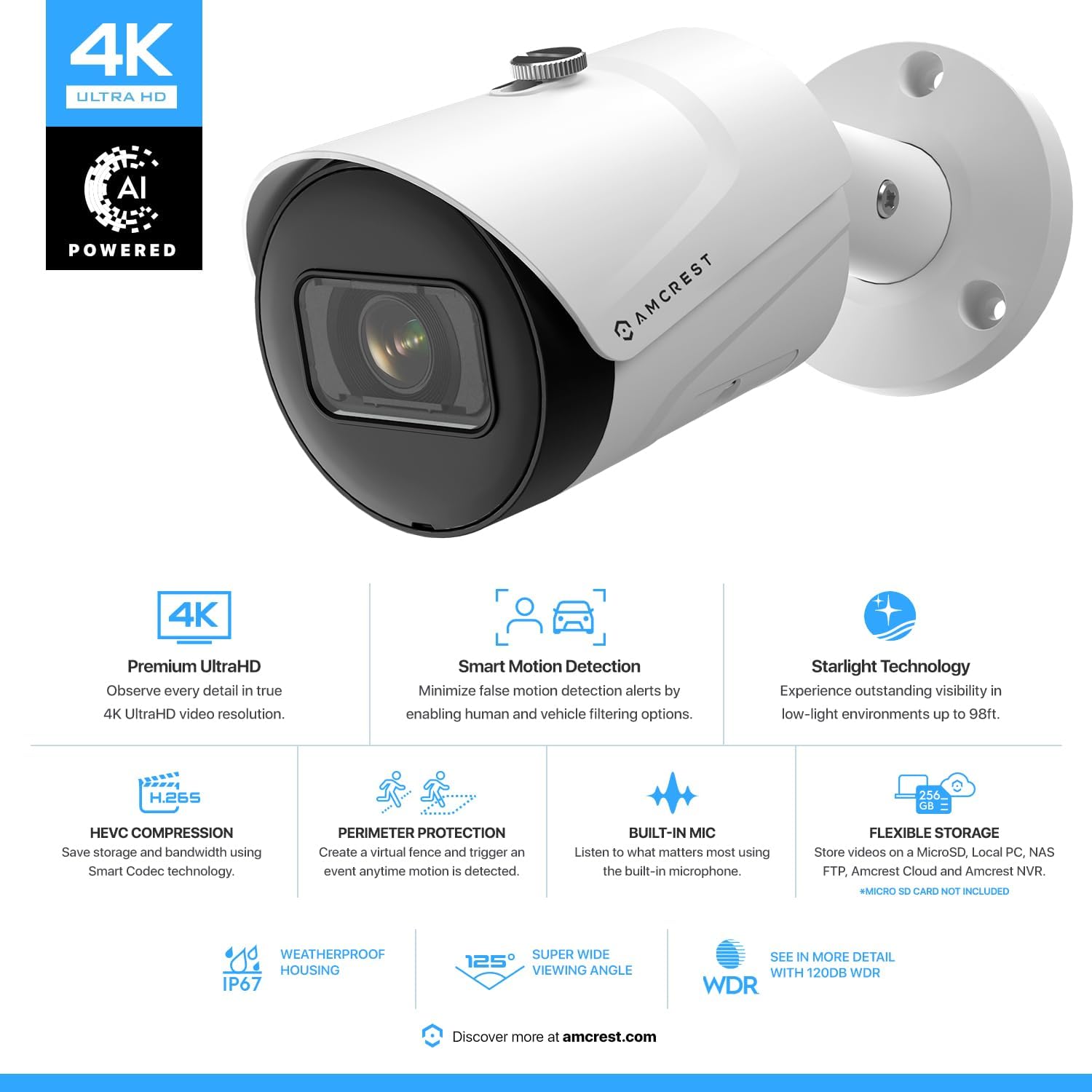 Amcrest 4K (8MP) IP POE Camera, UltraHD Outdoor Bullet, 3840x2160, 98ft NightVision, 125° FOV, IP67, MicroSD (256GB), Human & Vehicle Detection, Tripwire & Intrusion, (IP8M-2496EW-AI-V3) - Image 2