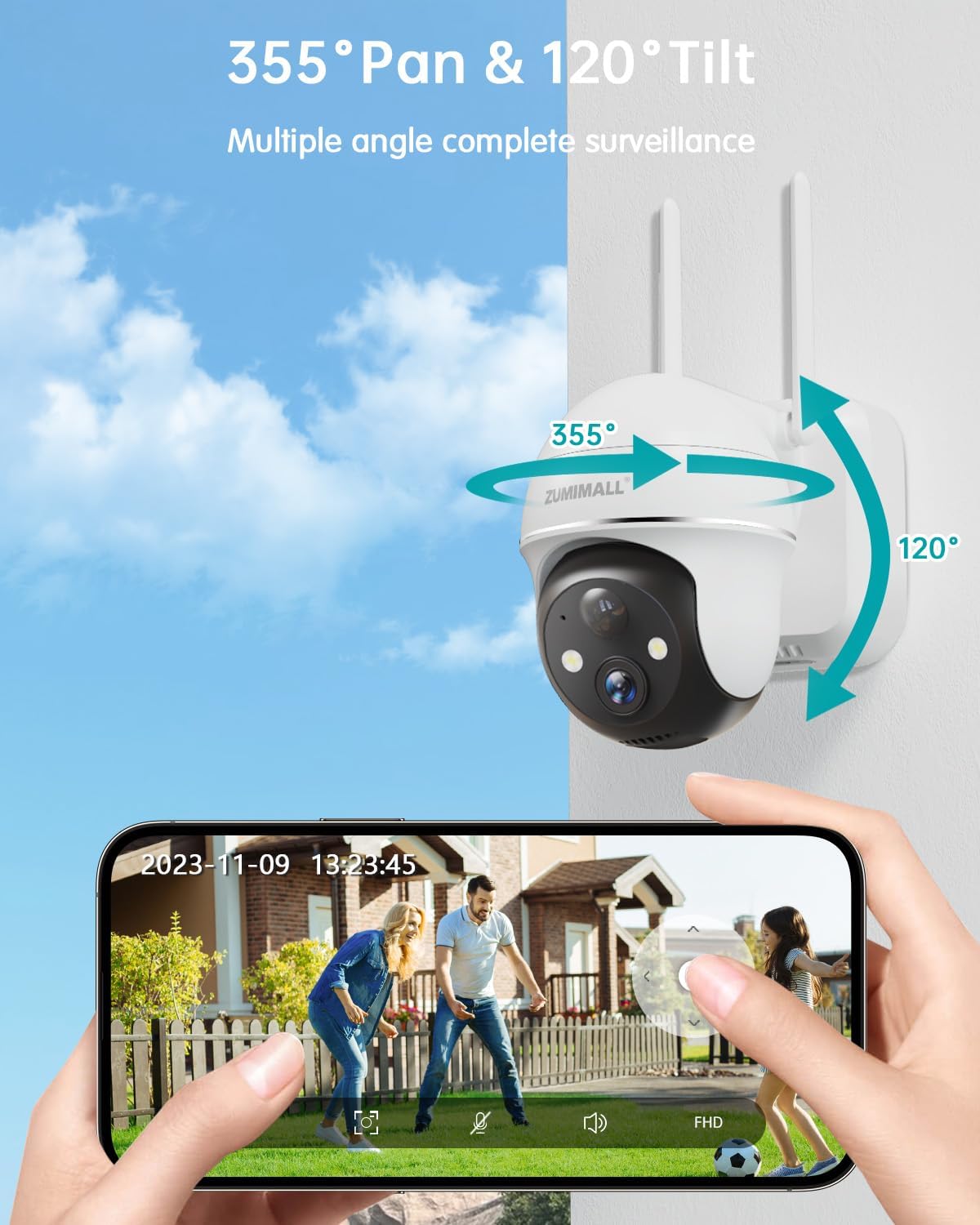 ZUMIMALL Security Cameras Wireless Outdoor, 360°View, 2K Battery Powered Cameras for Home Security, 3MP Color Night Vision, 2-Way Talk, IP66, AI Analysis, Cloud Storage, Alexa - Image 2