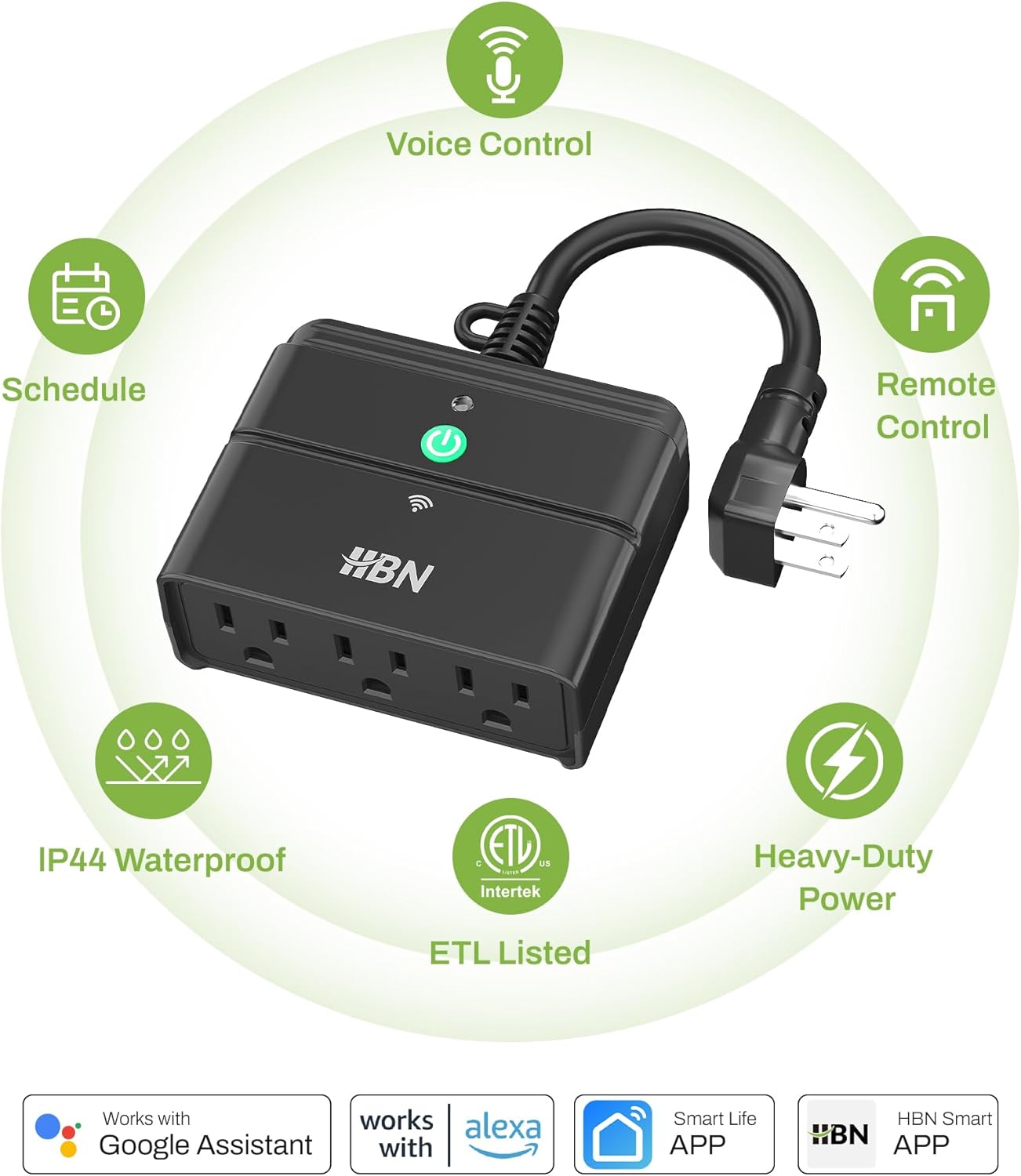 HBN Outdoor Smart Plug,Wi-Fi Heavy Duty Outlet with 3 Independent Outlets,Compatible with Alexa and Google Assistant,IP44 Waterproof,Voice & APP Control Outlet,No Hub Required,ETL Listed - Image 2