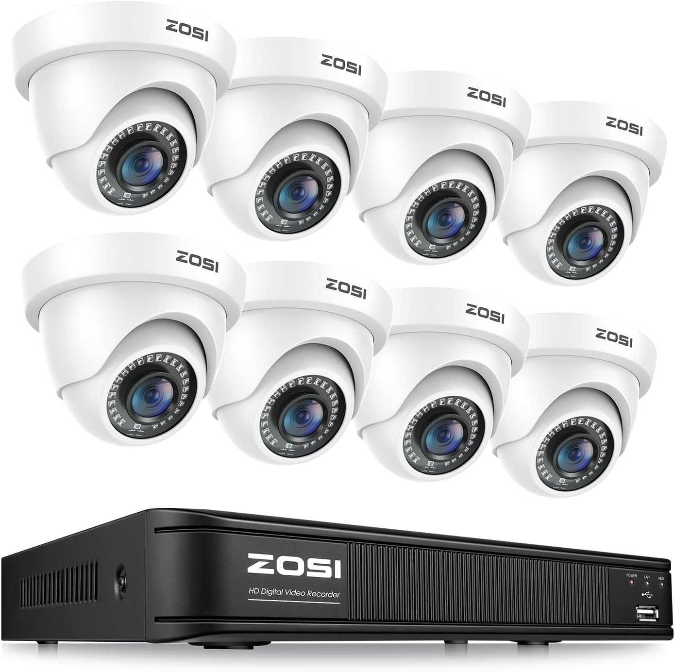 ZOSI 1080P H.265+ Home Security Camera System, AI Human Vehicle Detect, 5MP Lite 8 Channel Surveillance DVR, 8 x 1080p Weatherproof CCTV Dome Camera Outdoor, 80ft Night Vision, Remote Access (No HDD)