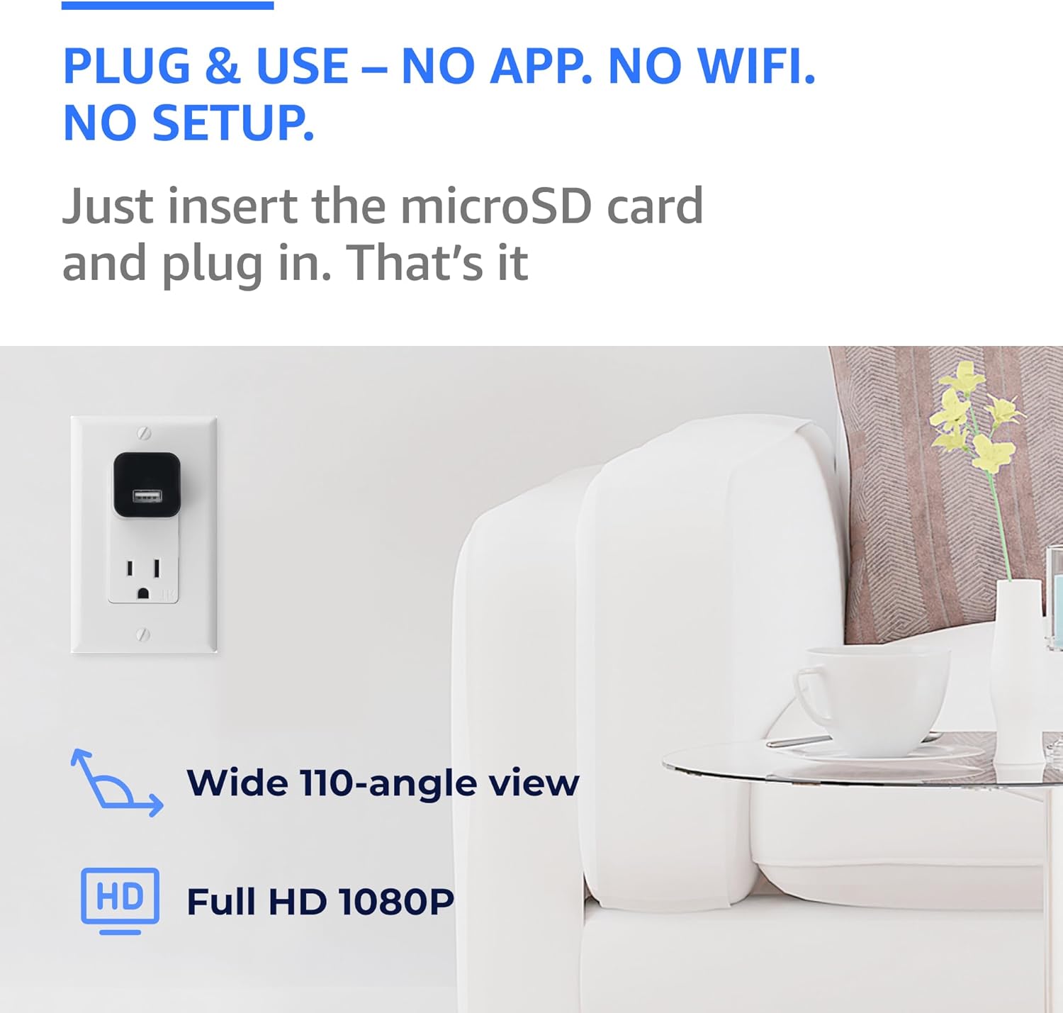 Plug-in Indoor Camera – Premium Full HD 1080P, 110° Wide View, Motion Detection – No WiFi Needed – Continuous Recording via microSD – Simple Plug-and-Go Setup for Home, Nanny & Pet Monitoring - Image 4
