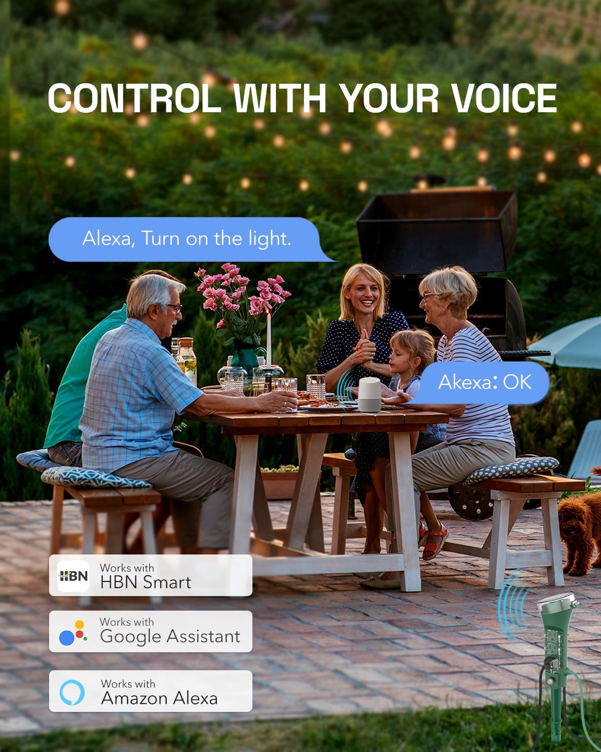 HBN Outdoor Smart Plug Waterproof WiFi Outdoor Outlet Timer with 6 Grounded Outlets, Remote & Voice Control Heavy Duty Yard Stake Plug Compatible with Alexa and Google Assistant No Hub Required - Image 3