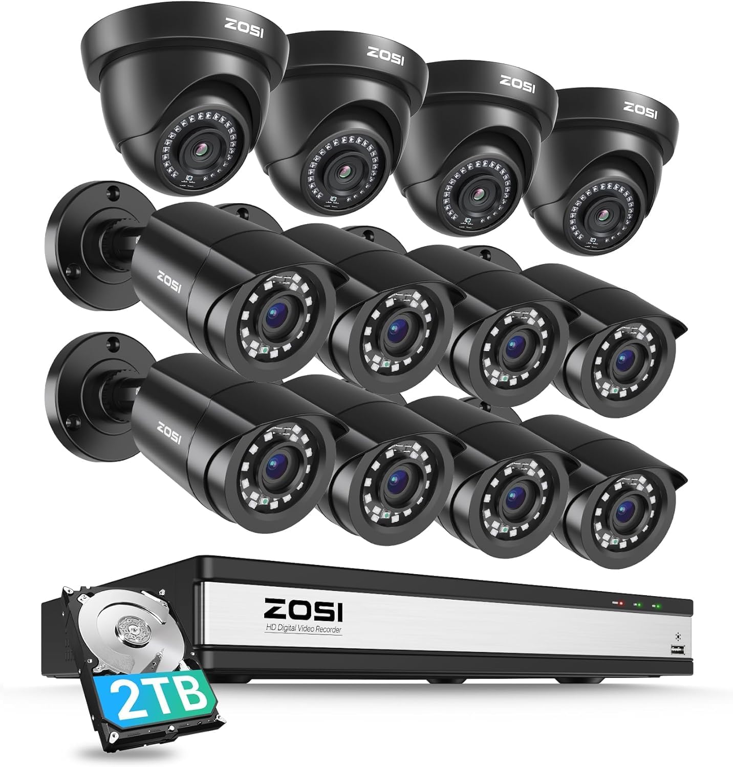 ZOSI 16CH 3K Lite Security Camera System with 2TB HDD,AI Human/Vehicle Detection,Night Vision,Remote Access,H.265+ 16 Channel 5MP Lite HD-TVI DVR with 12PCS 1080P Outdoor Indoor Surveillance Cameras