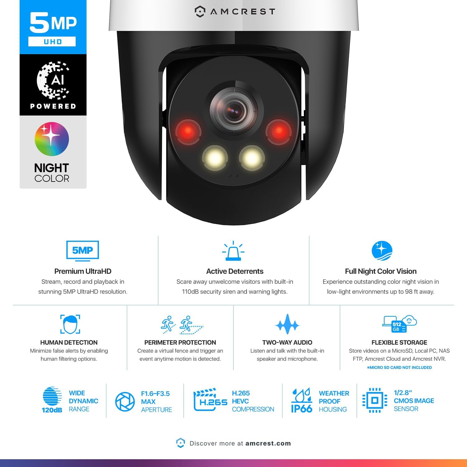 Amcrest 5MP UltraHD Mini AI Outdoor IP PoE Camera, Pan/Tilt Security IP Camera with Two-Way Audio, 98ft Full Color Night Vision, Active Deterrents, 5-Megapixel, Wide 104.8° FOV, IP5M-1190EW (White) - Image 2