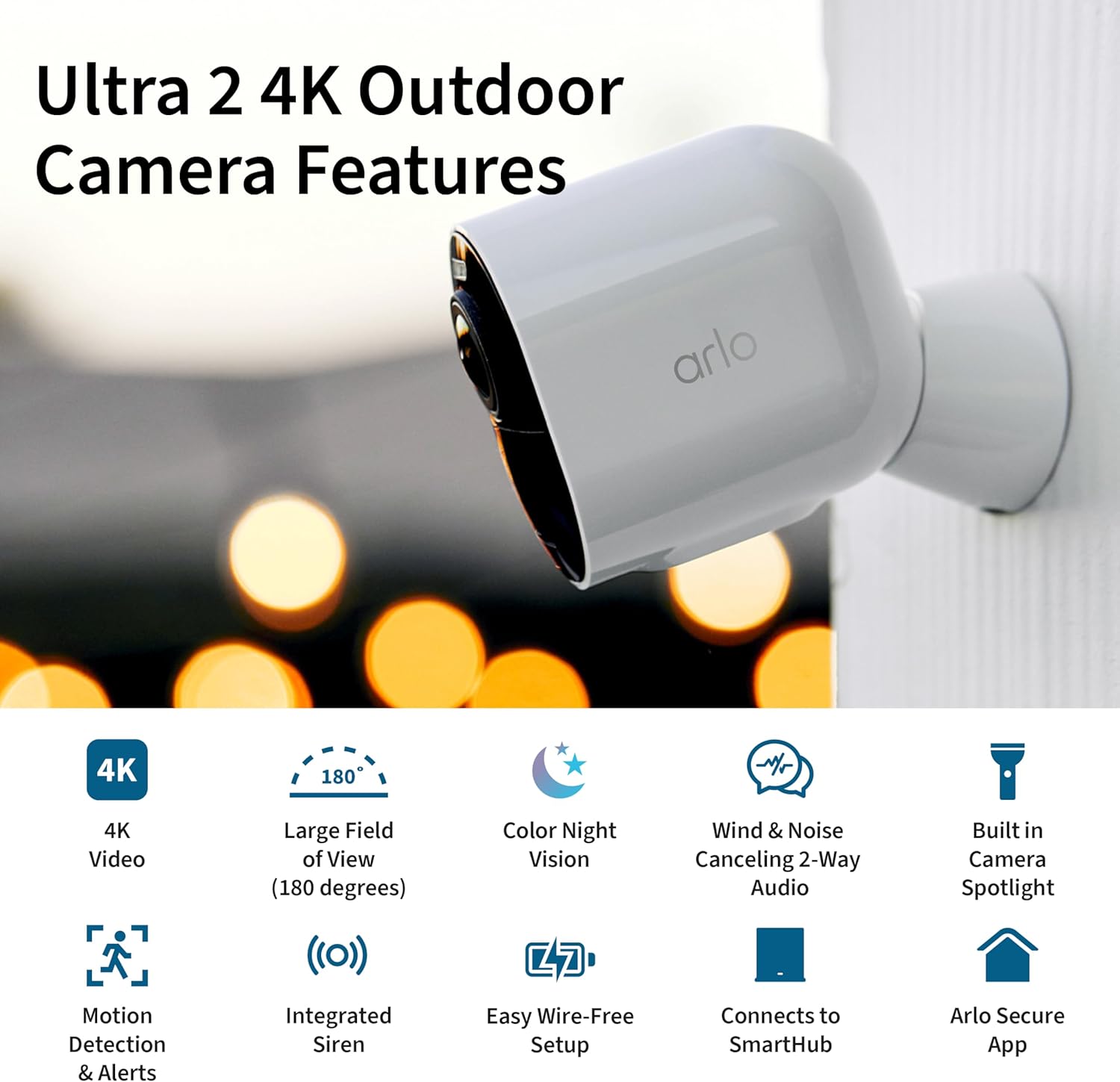 Arlo Ultra 2 Spotlight Camera 4K HDR (2 Cameras, SmartHub Included & Required) | Wireless Home Security Camera | Color Night Vision, Motion Sensor, 180º View, 2-Way Audio, White - Image 2