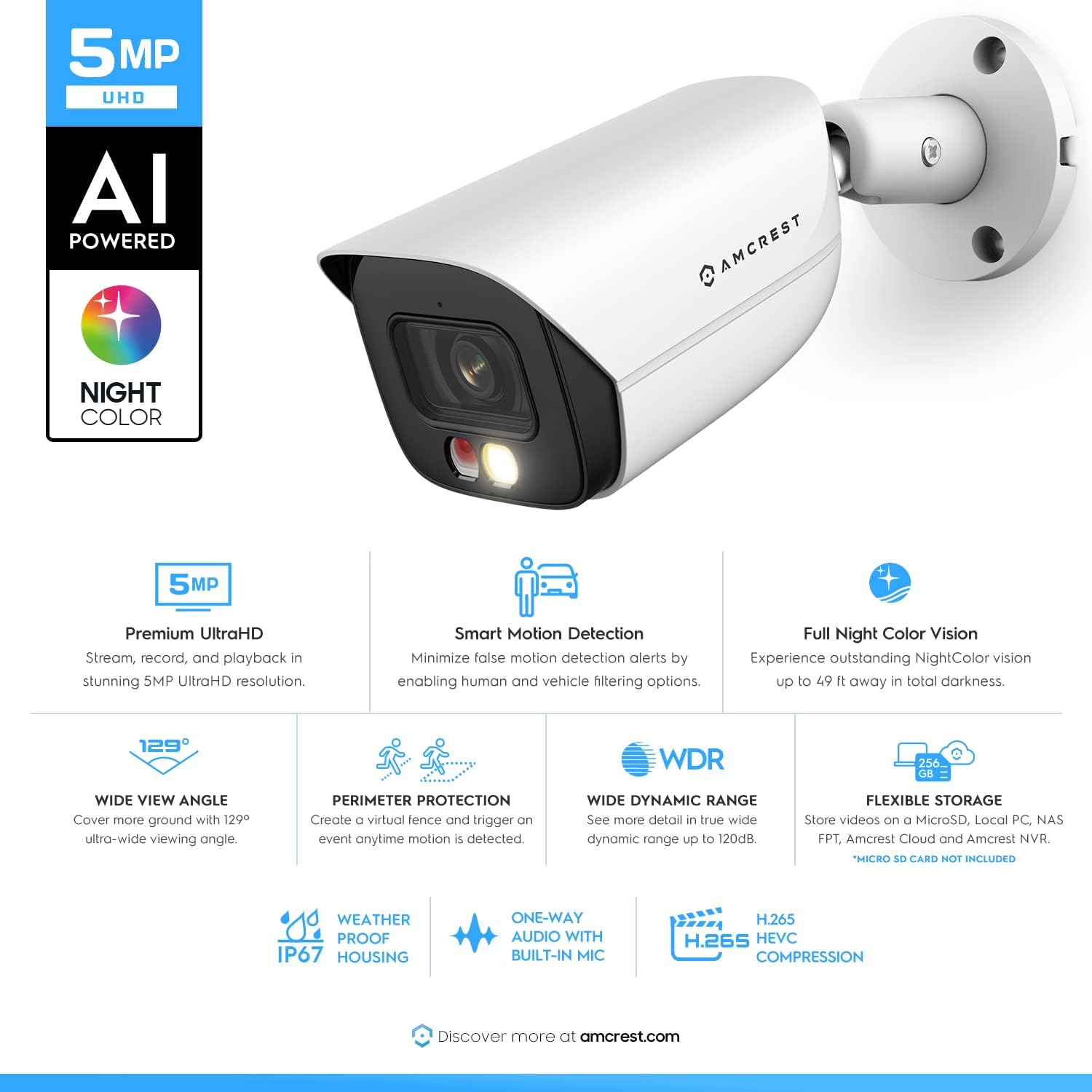 Amcrest 5MP IP PoE AI Camera w/ 49ft Color Night Vision, Security Outdoor Bullet Camera, Built-in Microphone, Human & Vehicle Detection, Active Deterrent, 129° FOV, 5MP@20fps IP5M-B1276EW-AI (White) - Image 2