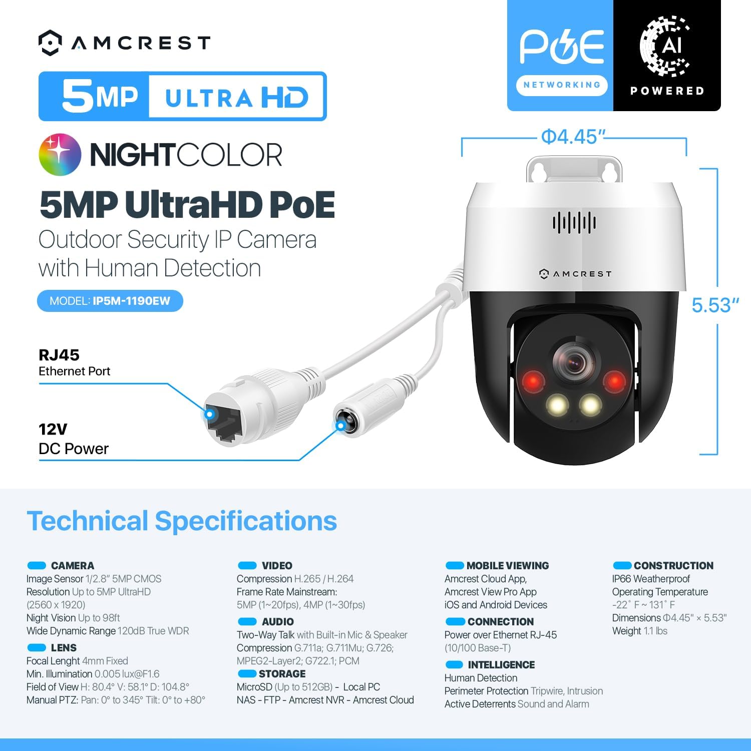 Amcrest 5MP UltraHD Mini AI Outdoor IP PoE Camera, Pan/Tilt Security IP Camera with Two-Way Audio, 98ft Full Color Night Vision, Active Deterrents, 5-Megapixel, Wide 104.8° FOV, IP5M-1190EW (White) - Image 8