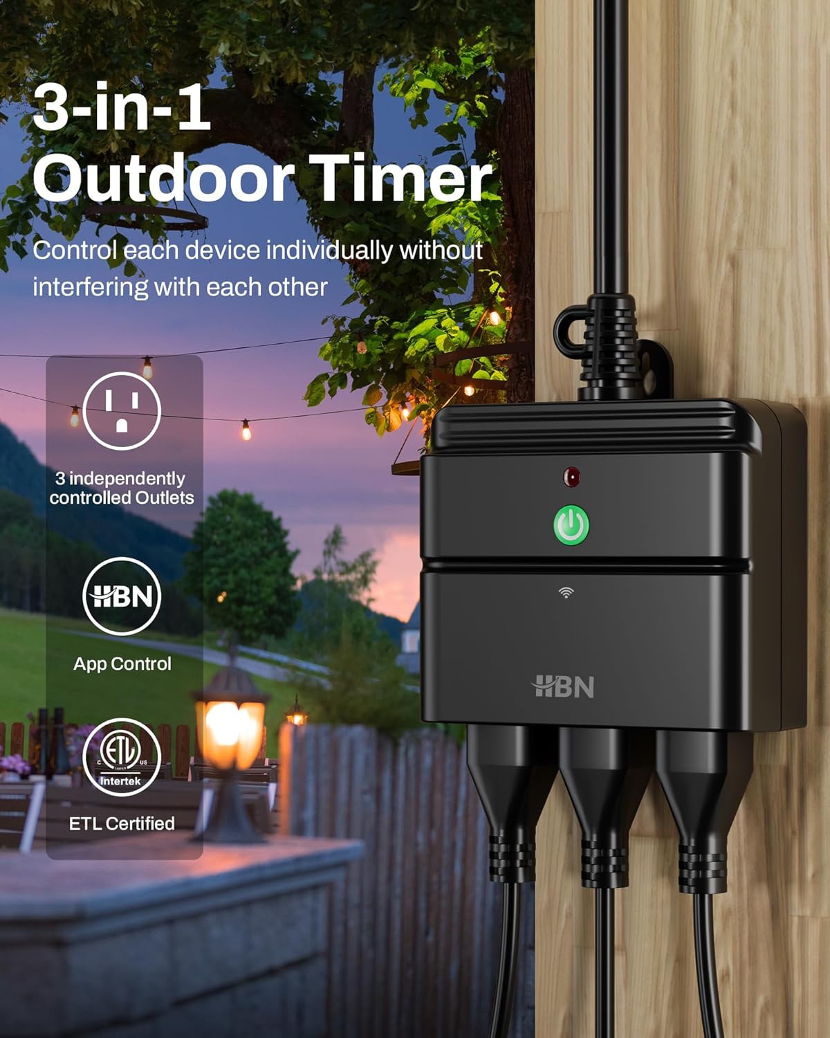 HBN Outdoor Smart Plug,Wi-Fi Heavy Duty Outlet with 3 Independent Outlets,Compatible with Alexa and Google Assistant,IP44 Waterproof,Voice & APP Control Outlet,No Hub Required,ETL Listed - Image 3